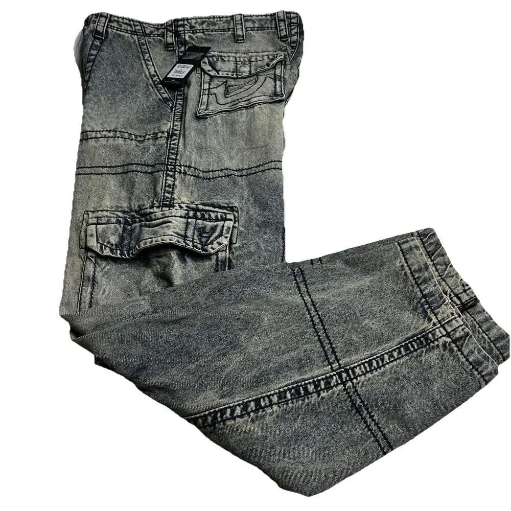 NEW True Religion Big T Cargo Pants Y2K Men 31x34 Acid Wash Denim Baggy Loose